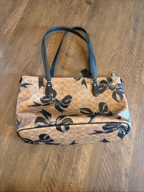 Coach Tan Signature Floral Tote with Black Accents